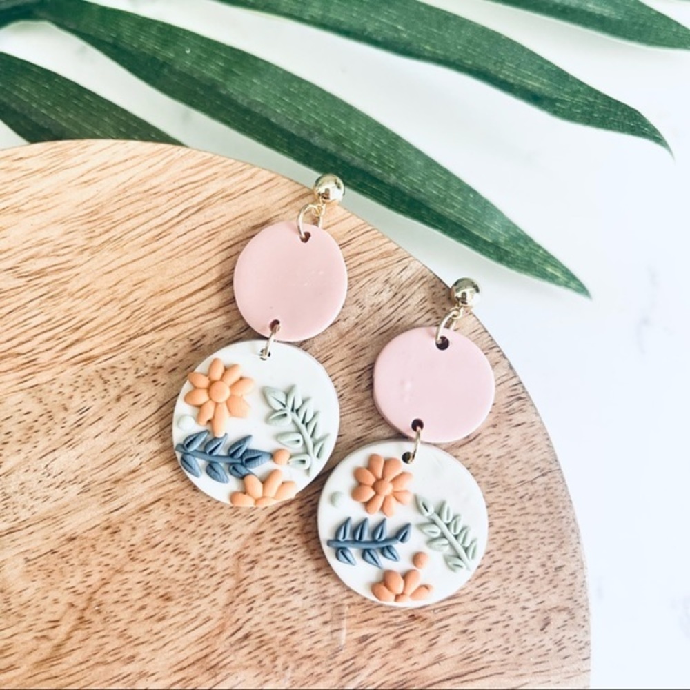 Pastel Floral Polymer Clay Flower Disc Dangle Earrings Cute NEW Boho Unique 2”
